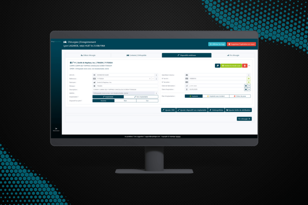 Interface du logiciel de traçabilité des dispositifs médicaux, DM, DMI conçu par Oxyledger